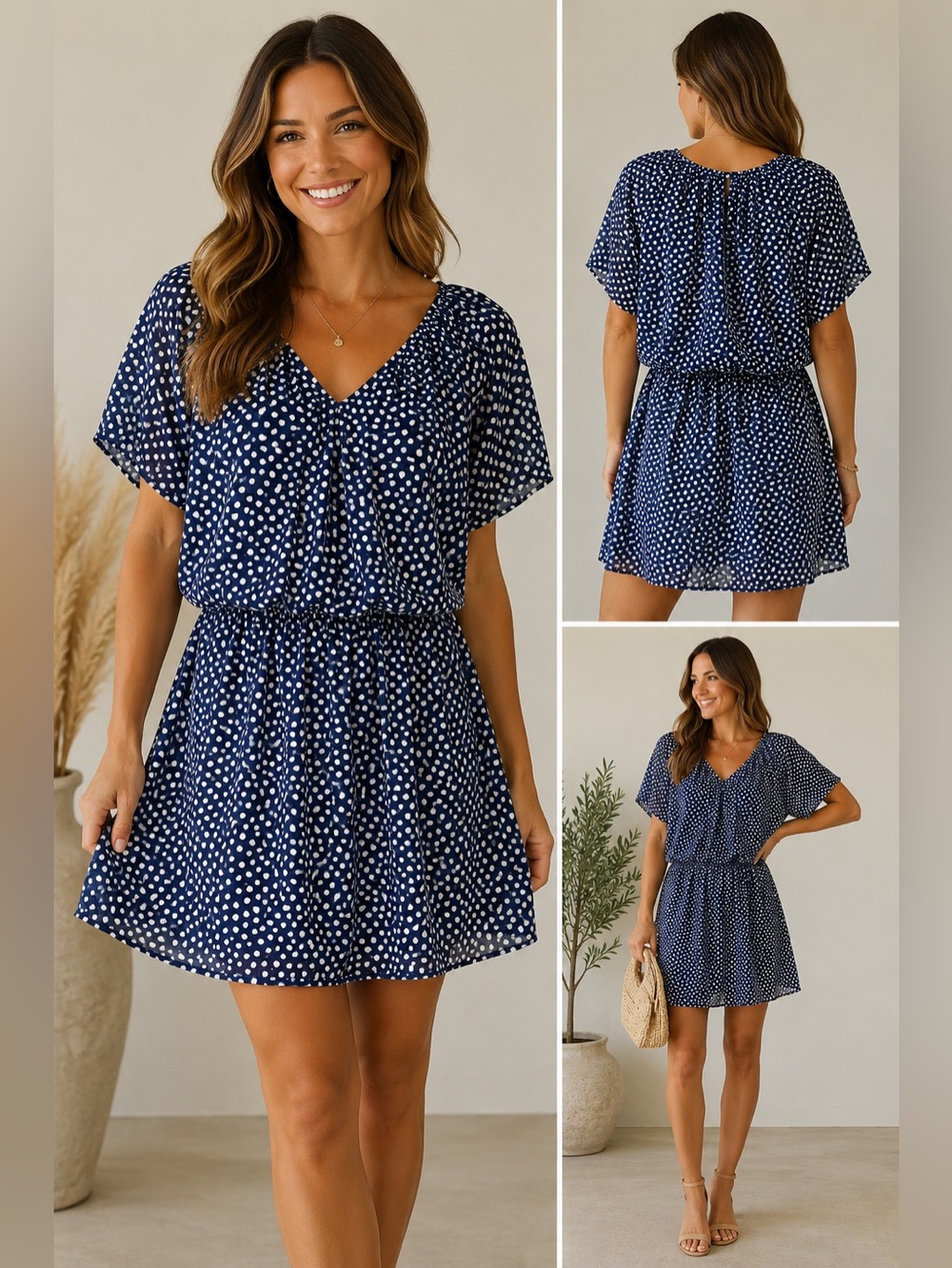 Mustard Seed Women’s Dress Short Sleeve Polka Dot Blue Lined Size S